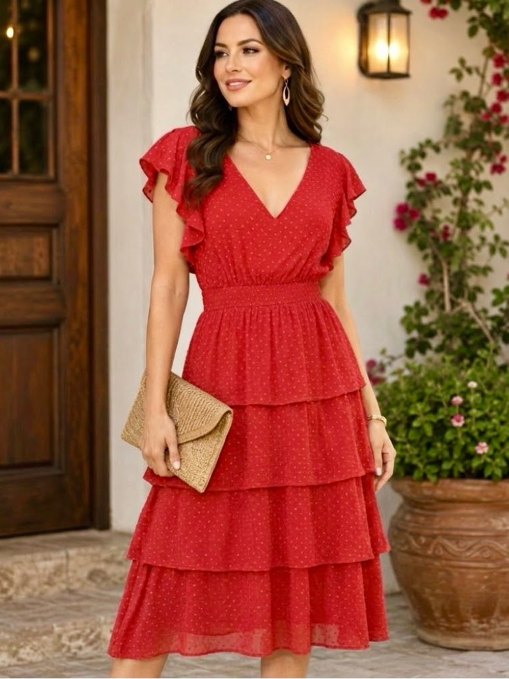 Julia Jordan NWT Red Swiss Dot Tiered Maxi Dress Style JJ38359 Flutter Sleeves-8